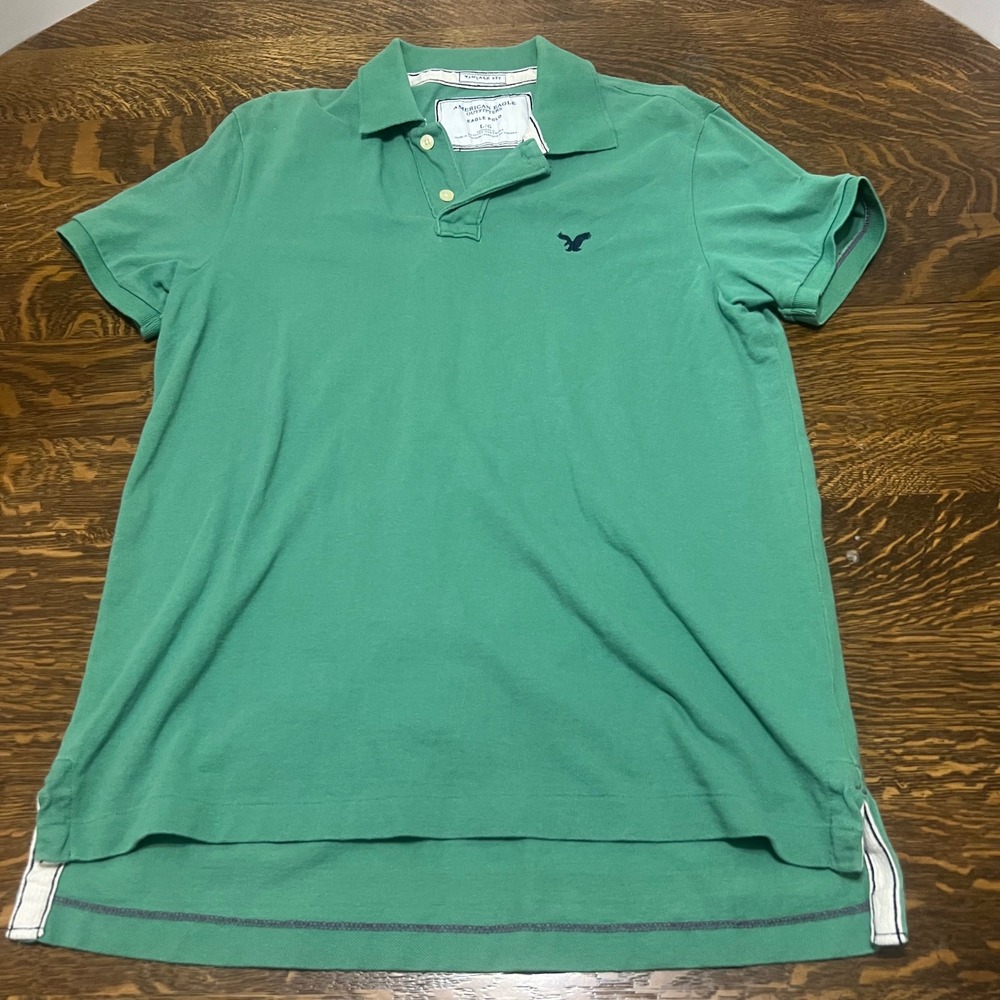 American Eagle Polo Shirt Mens Large Green Vintage Fit Cotton Short Sleeve Y2K
